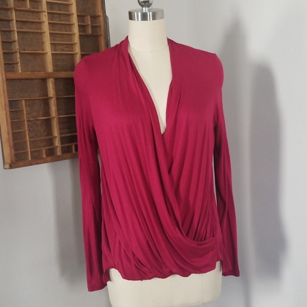 Red long sleeve hi low deep v drapey top